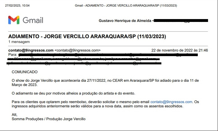 E-mail com a divulgação do adiamento do show
